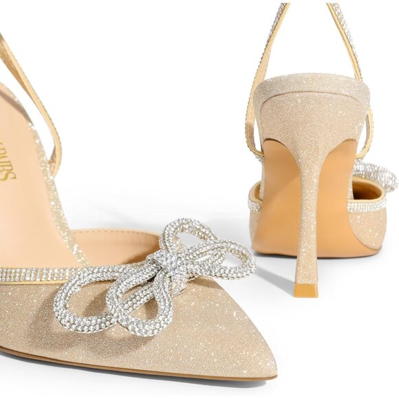 🆕 Women Gold Ankle Strap Sparkly Bow Shine Star Wrap-Around High-Heel Pumps - Picture 6 of 8